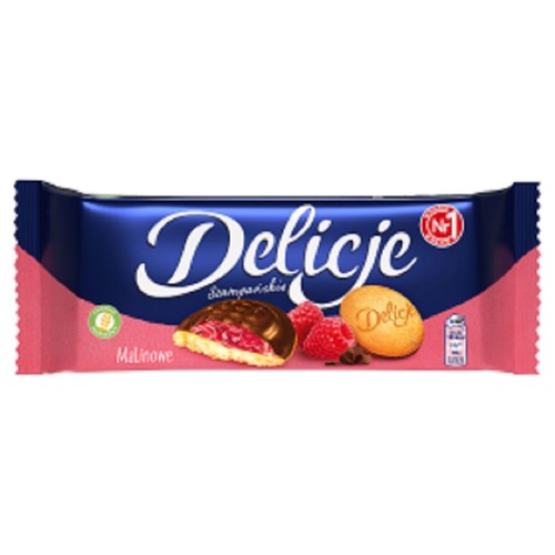 Biszkopty z galaretką o smaku malinowym oblane czekoladą Delicje 147 g