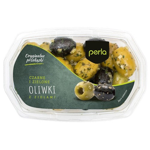 Zielone i czarne oliwki w marynacie czosnkowo-ziołowej Perla 120 g