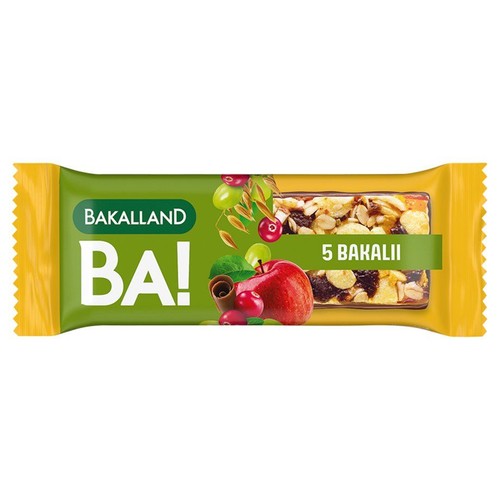 Baton zbożowy z bakaliami i polewą o smaku kakaowo-mlecznym Bakalland 40 g