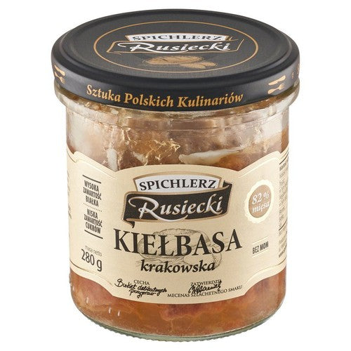 Kiełbasa Krakowska. Konserwa wieprzowa Spichlerz Rusiecki 280 g