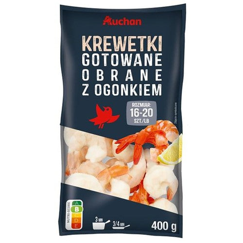 Krewetki gotowane obrane z ogonkiem rozmiar: 16 - 20 Auchan 400 g
